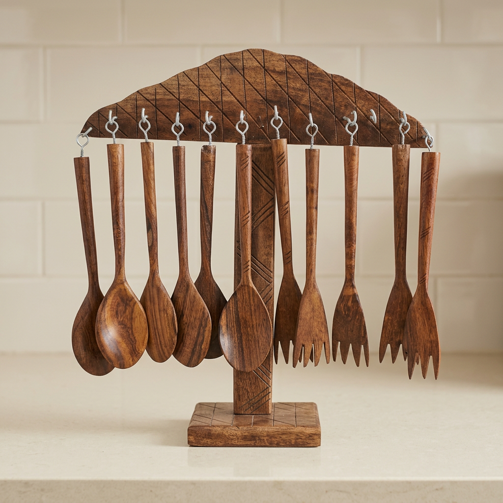 Wooden Kitchen Utensil Set with Hanging Stand | Happy Gift