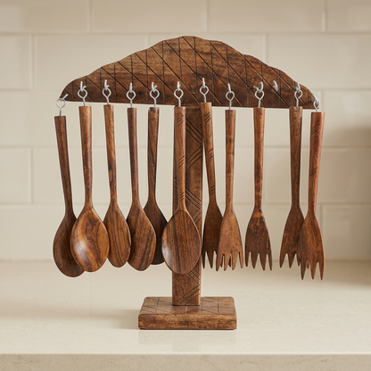 Wooden Kitchen Utensil Set with Hanging Stand | Happy Gift