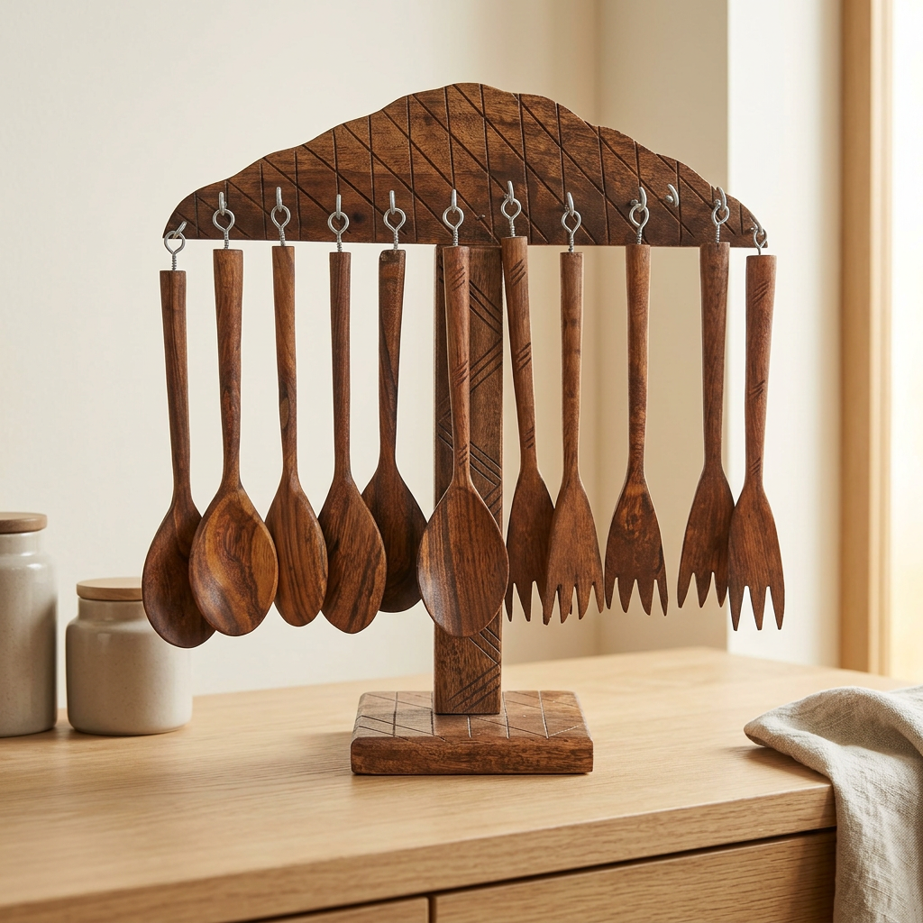 Wooden Kitchen Utensil Set with Hanging Stand | Happy Gift