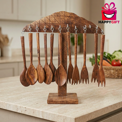 Wooden Kitchen Utensil Set with Hanging Stand | Happy Gift