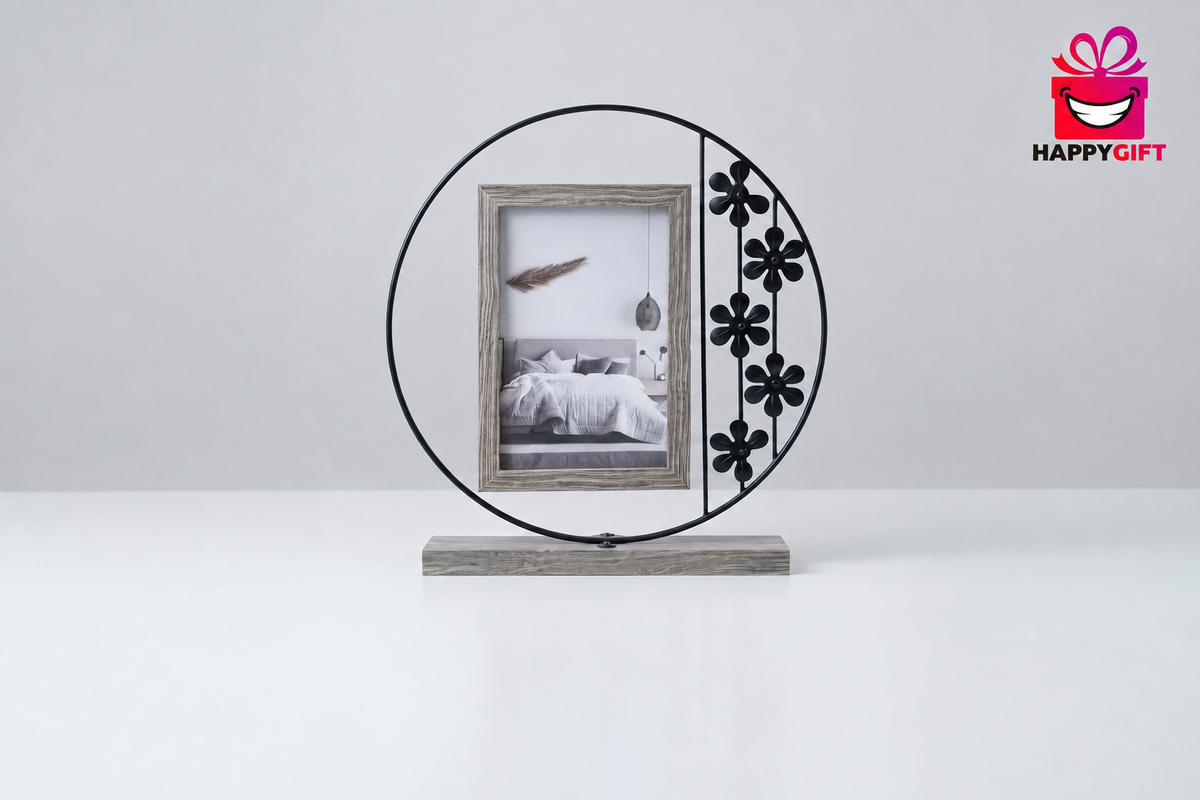 Wrought Iron Floral Ring Tabletop Picture Frame – Rustic Wooden Swing Photo Display