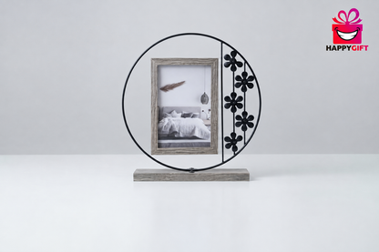 Wrought Iron Floral Ring Tabletop Picture Frame – Rustic Wooden Swing Photo Display