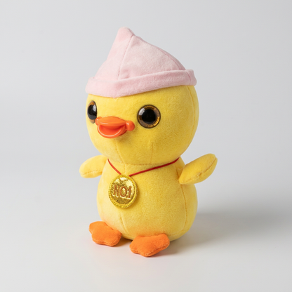 25 CM Yellow Duck Plush Toy with Pink Hat & Gold Medal | Happy Gift
