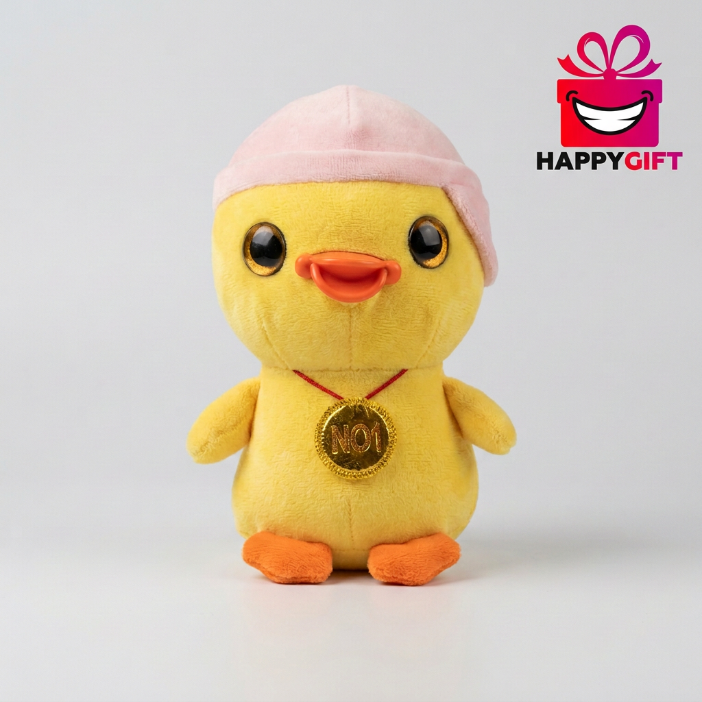 25 CM Yellow Duck Plush Toy with Pink Hat & Gold Medal | Happy Gift