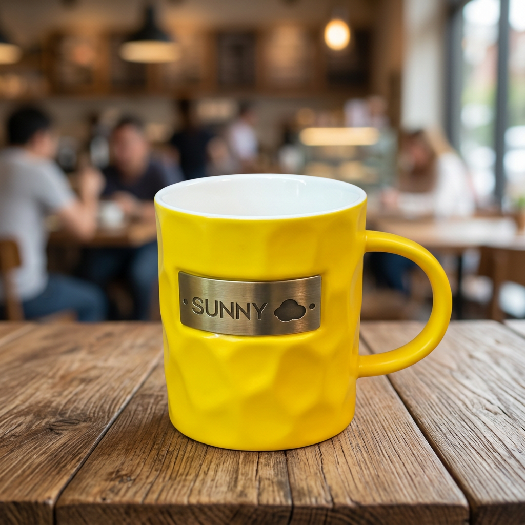 Yellow SUNNY Ceramic Mug with Textured Design | Happy Gift