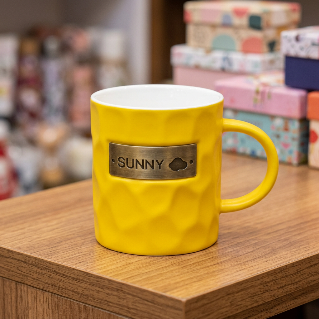Yellow SUNNY Ceramic Mug with Textured Design | Happy Gift