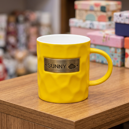 Yellow SUNNY Ceramic Mug with Textured Design | Happy Gift
