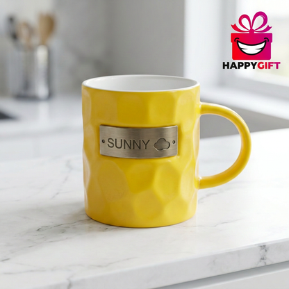 Yellow SUNNY Ceramic Mug with Textured Design | Happy Gift