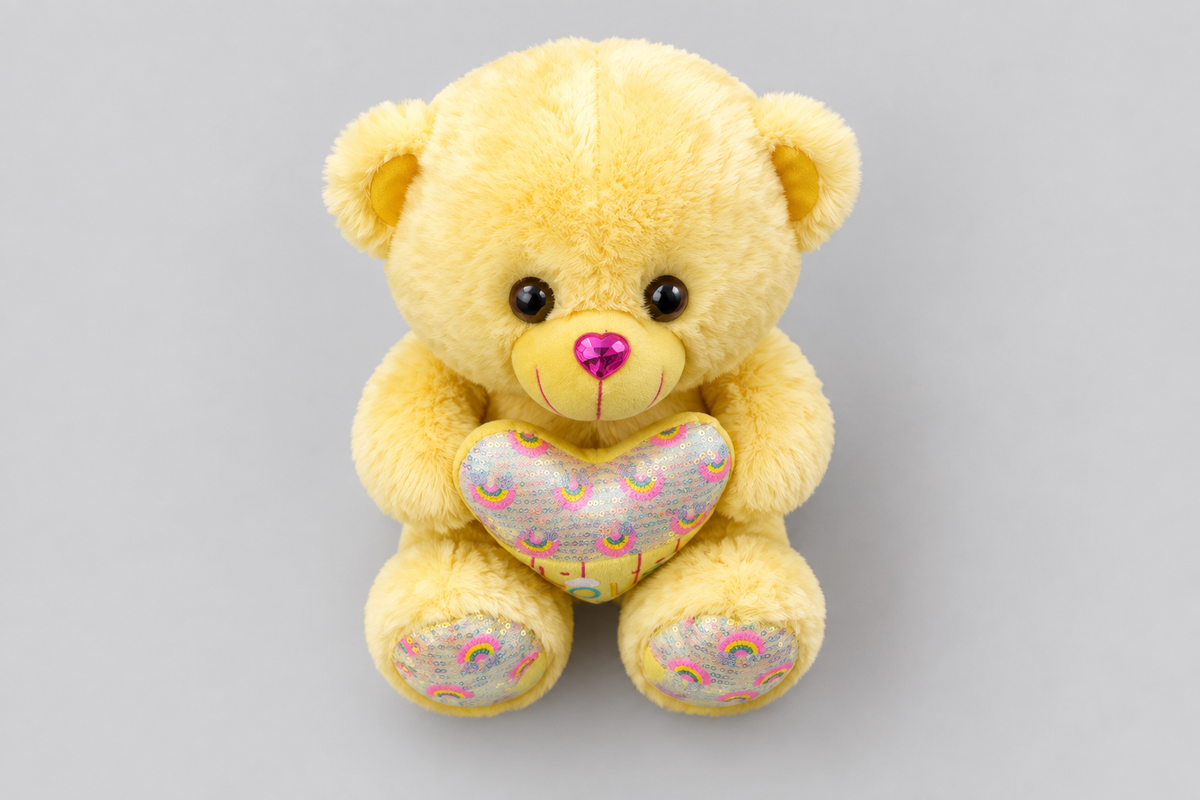 43CM Yellow Teddy Bear Holding a Rainbow Heart | Happy Gift
