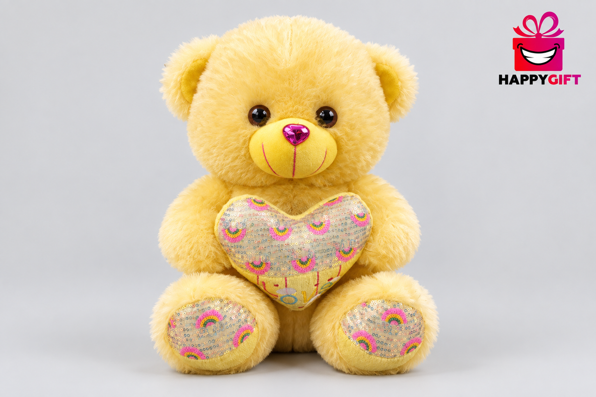 43CM Yellow Teddy Bear Holding a Rainbow Heart | Happy Gift